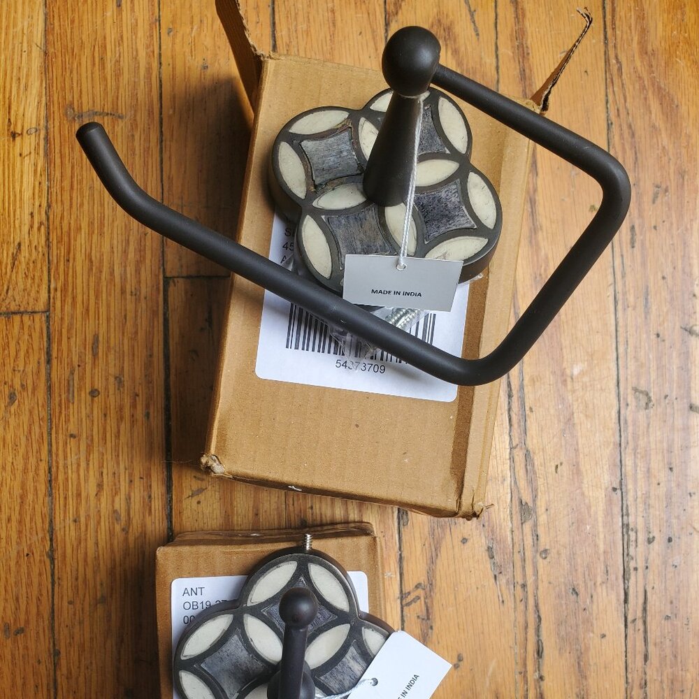 NIB Anthropologie Aleah inlay bathroom toilet paper holder towel hook bronze